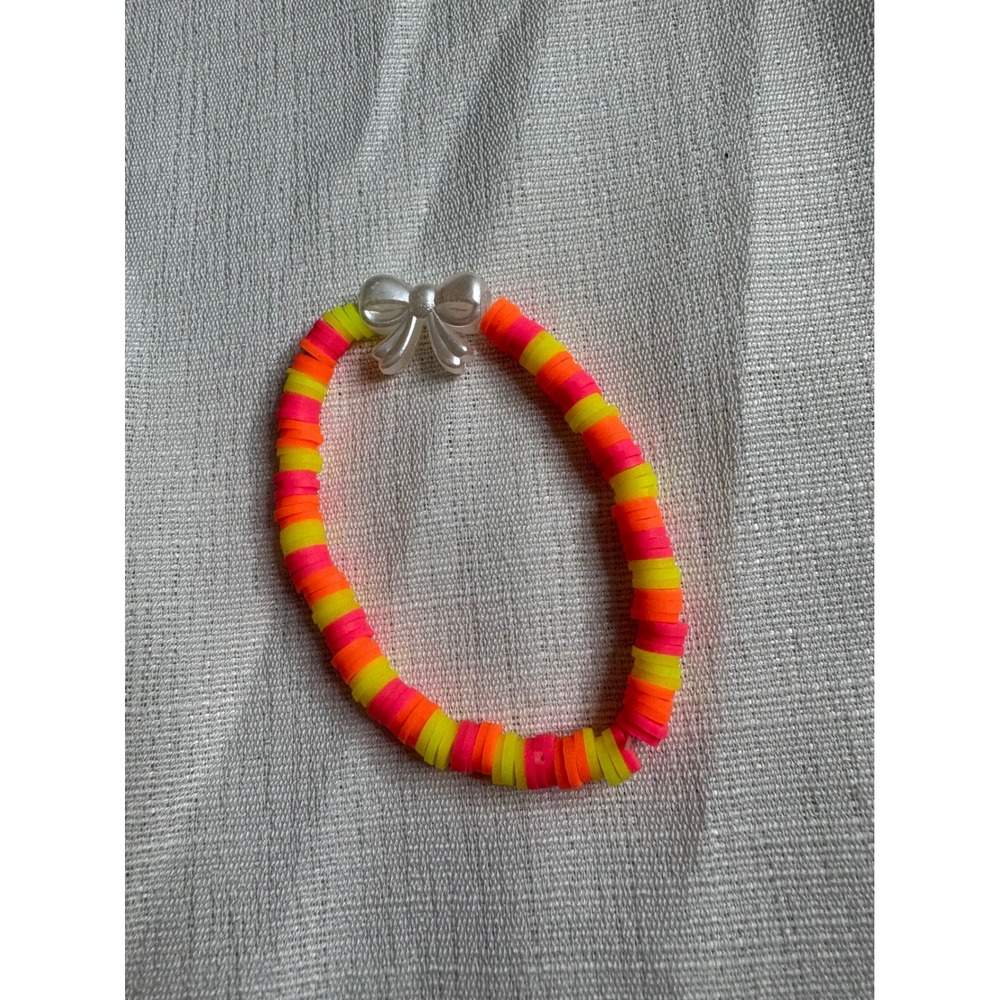 Neon Heishi Bead Stretch Bracelet with White Bow Charm Pink Orange Yellow